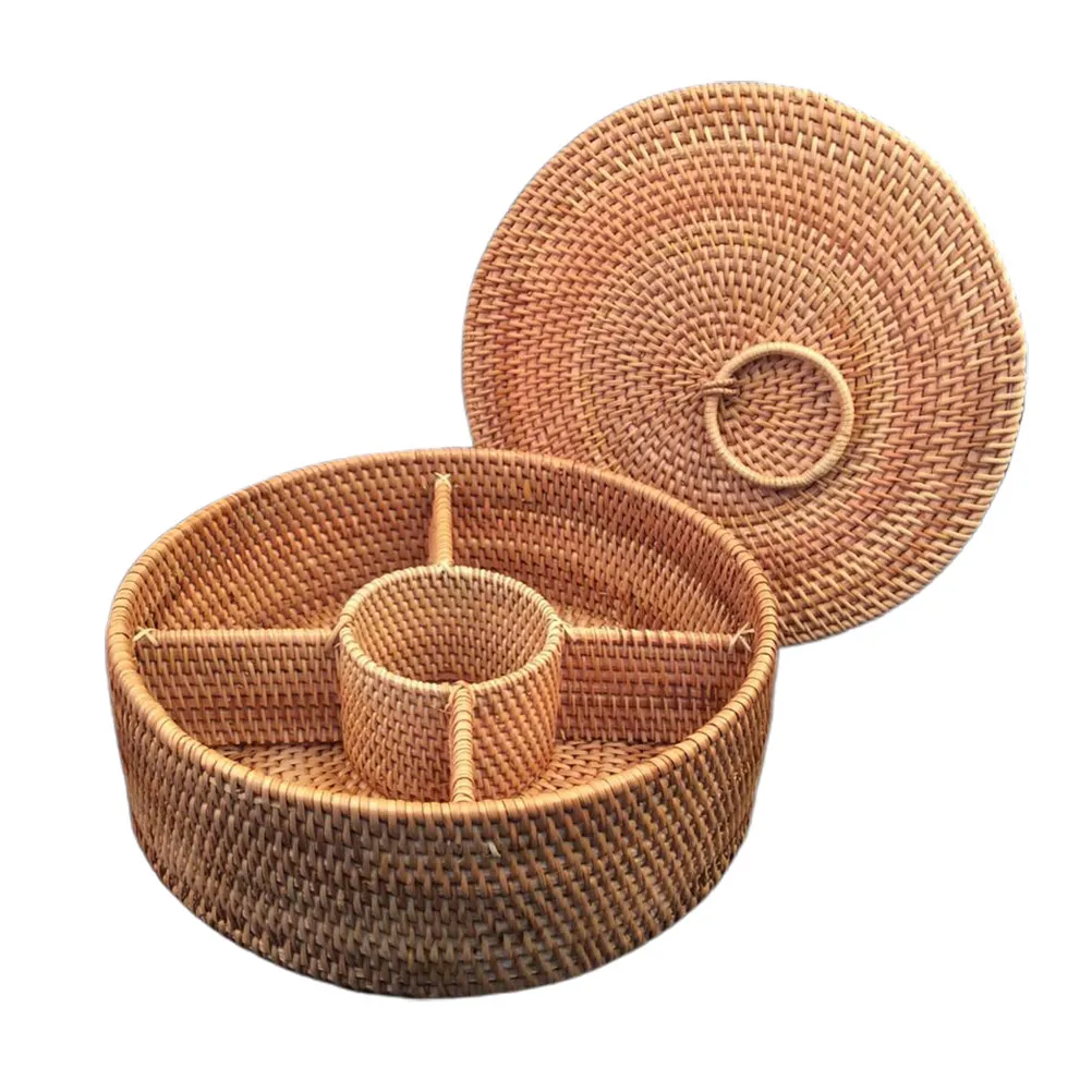 

1Pcs Round Handmade Rattan Woven Storage Basket Size L Five Compartments Multiuse Fruit Food Sundries Picnic Lid