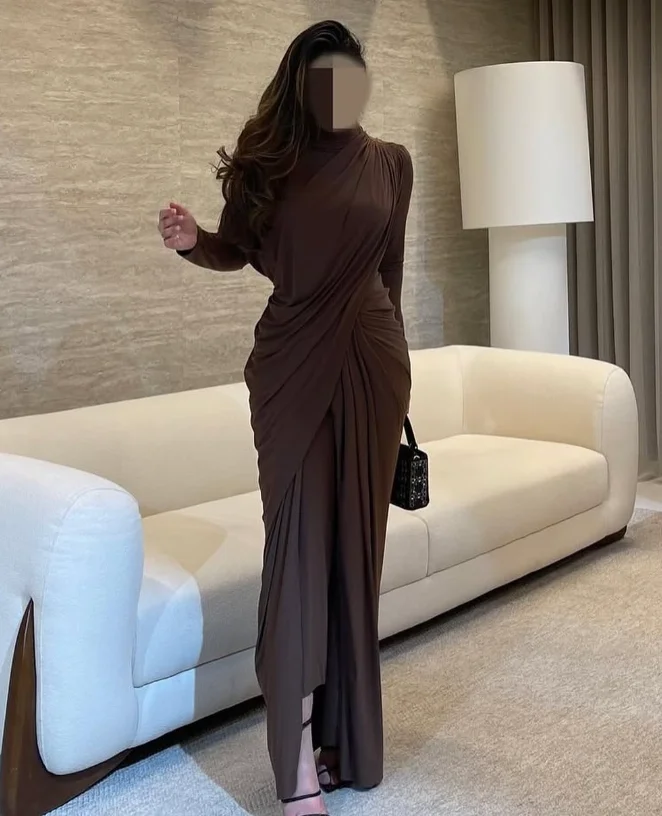 فساتين سهرة مخصصة عالية الجودة بطول الكاحل وياقة عالية وأكمام طويلة على شكل حرف a Abiye Uzun Elbise Modelleri
