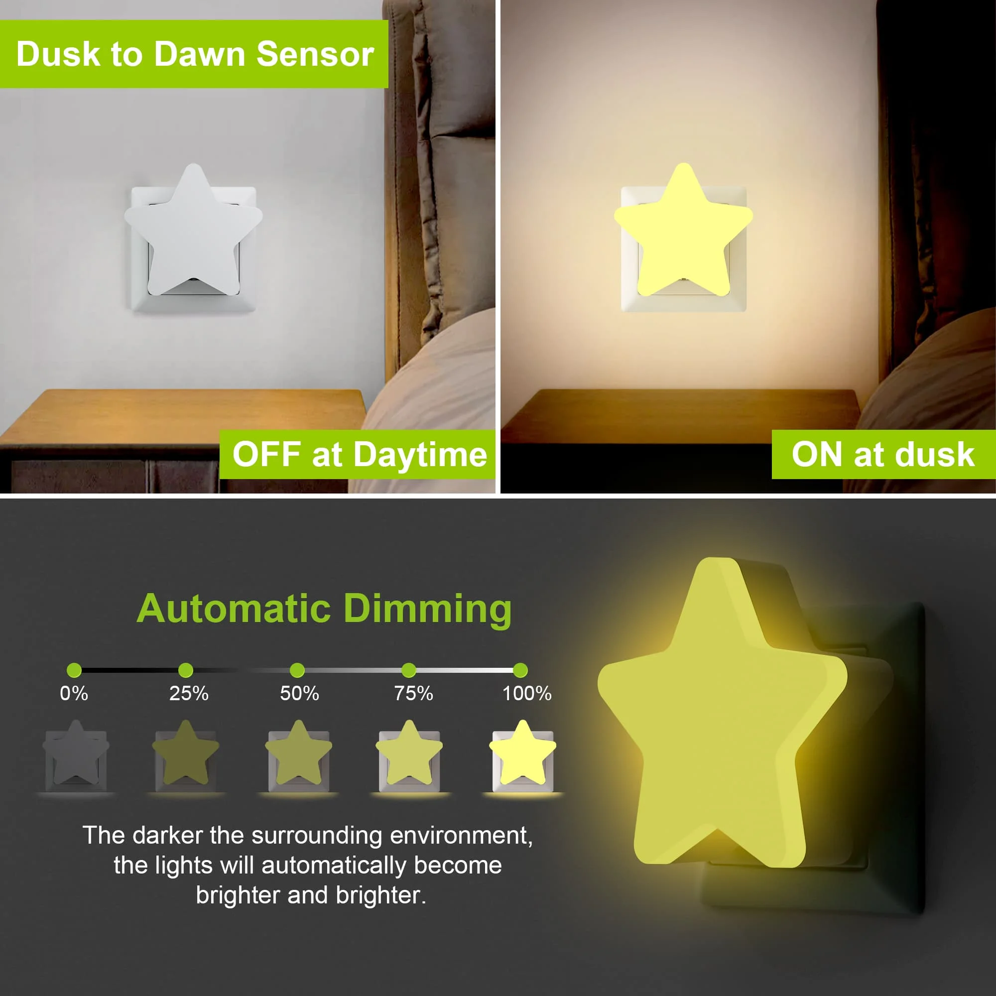 Veilleuses en forme d'étoile capteur de lumière LED veilleuses brancher marche/arrêt automatique pour enfants chambre escalier couloir tête de lit lampes de nuit