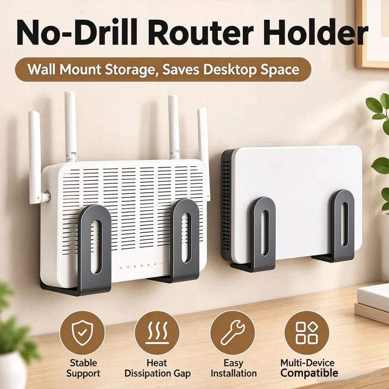 No Drill Self Adhesive Wall Hanger, Adjustable Router Power Strip Holder, Punch-Free Bracket for Wifi Modem, Socket, Set Top Box