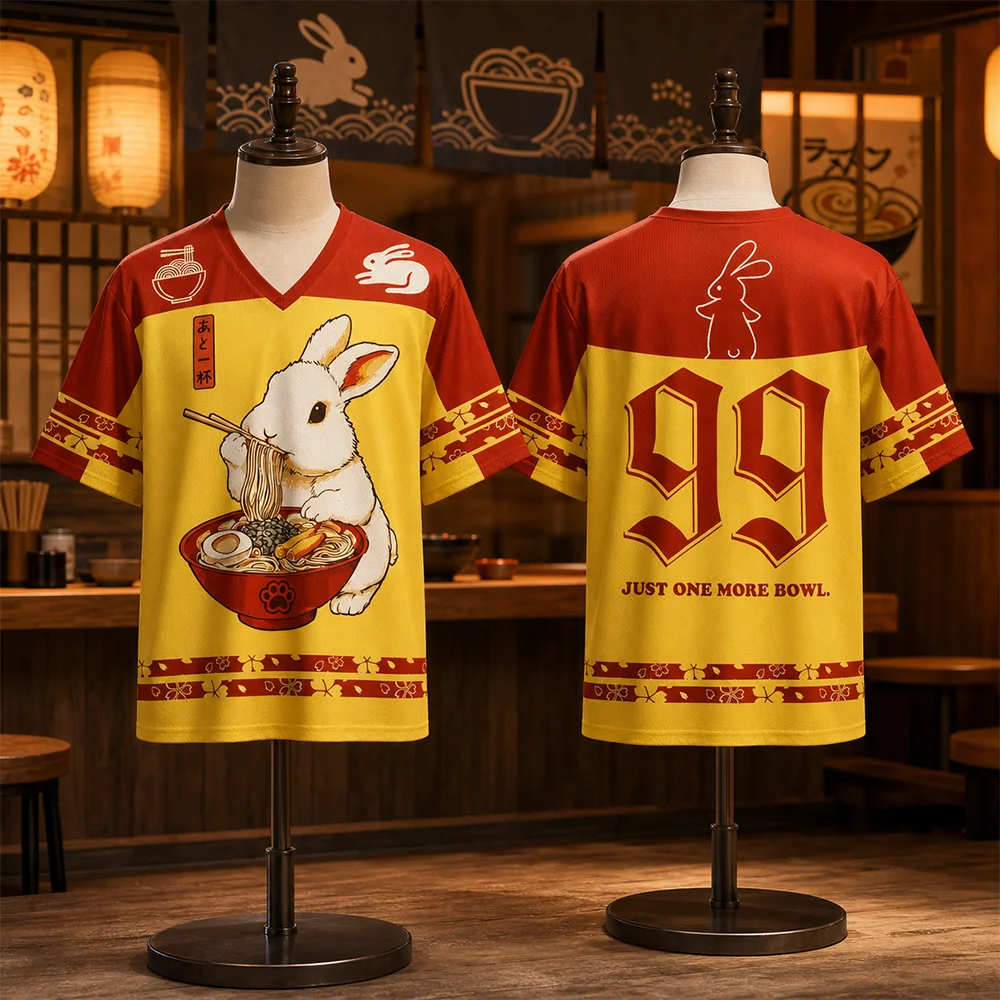 Unisex Japanese Cute Rabbit Ramen 3D Print T-Shirt Quick-Dry V-Neck Y2K Streetwear Breathable Parent-Child Clothing