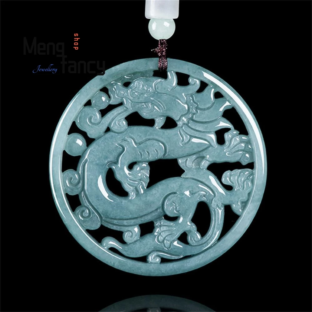 High-grade Natural A-goods Jadeite Blue Water Openwork Retro Dragon Walk Dragon Sign Zodiac Ice Jade Pendant Luxury Fine Jewelry