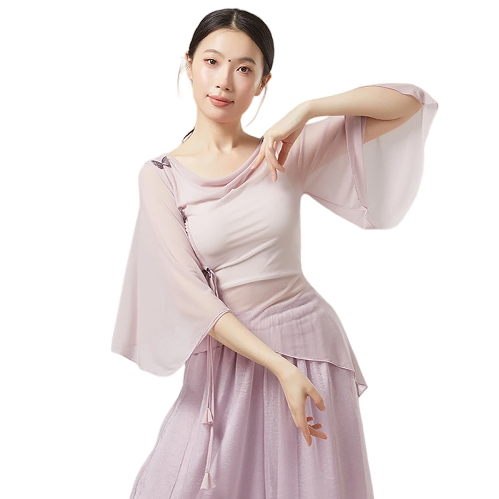 Women's Chiffon Modern Dance Top Irregular Hem Flare Sleeve Translucent Classical Dance Performance Costume Adult Practice Top