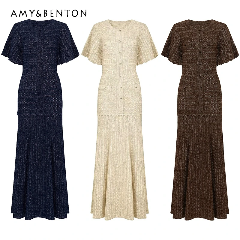 

Fashion Temperament Slimming Button Short-sleeved Women's Dress 2026 Summer Solid Color Hollow Out Crew Neck Knit Dresses Ladies