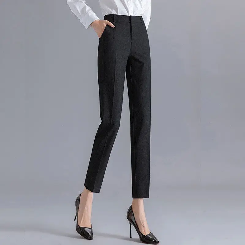 Fashion Office Lady Summer Women Pants Solid Pocket Zipper Temperament Casual High Waist Slim Straight Ankle Length Suit Trouser