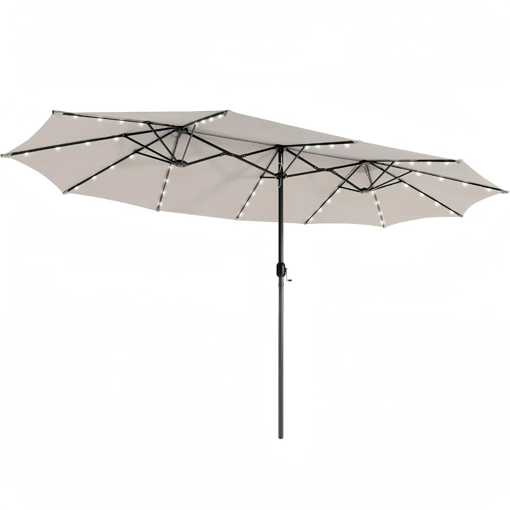 15ft Large Patio Umbrella with 3 Solar panels, 48 Solar LED Lights Base NOT Included, Outdoor Double-Sided Rectangle Market