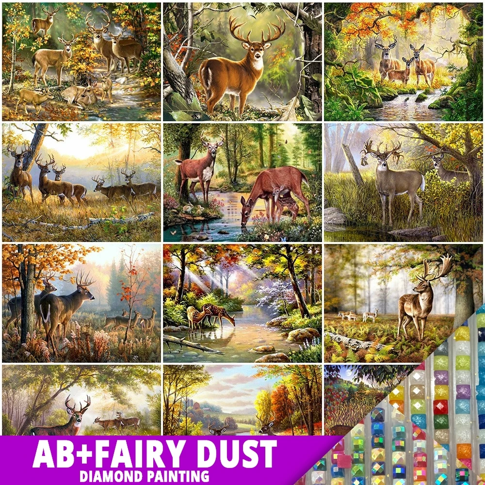 AB Fairy Dust 5D DIY Diamond Painting Deer Embroidery Animal Forest Full Drill Mosaic Lake Cross Stitch Crafts Mural