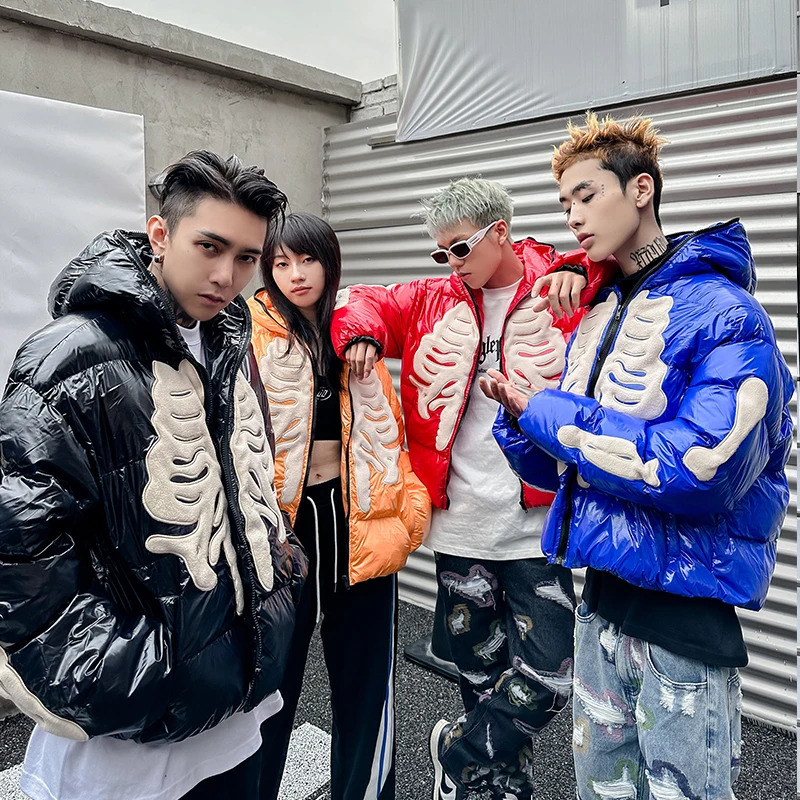 Winter Bright Skeleton Patch Parka Men Hip Hop Street Harajuku Y2k Thicken Warm Padded Coats Loose Windproof Coat Unisex