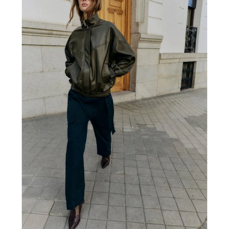 الشتاء المرأة عادية Sle سستة طويلة Sve الوقوف طوق بولي Leather الجلود الطيار Jaet معطف Faionable ملابس خارجية 30027 #2