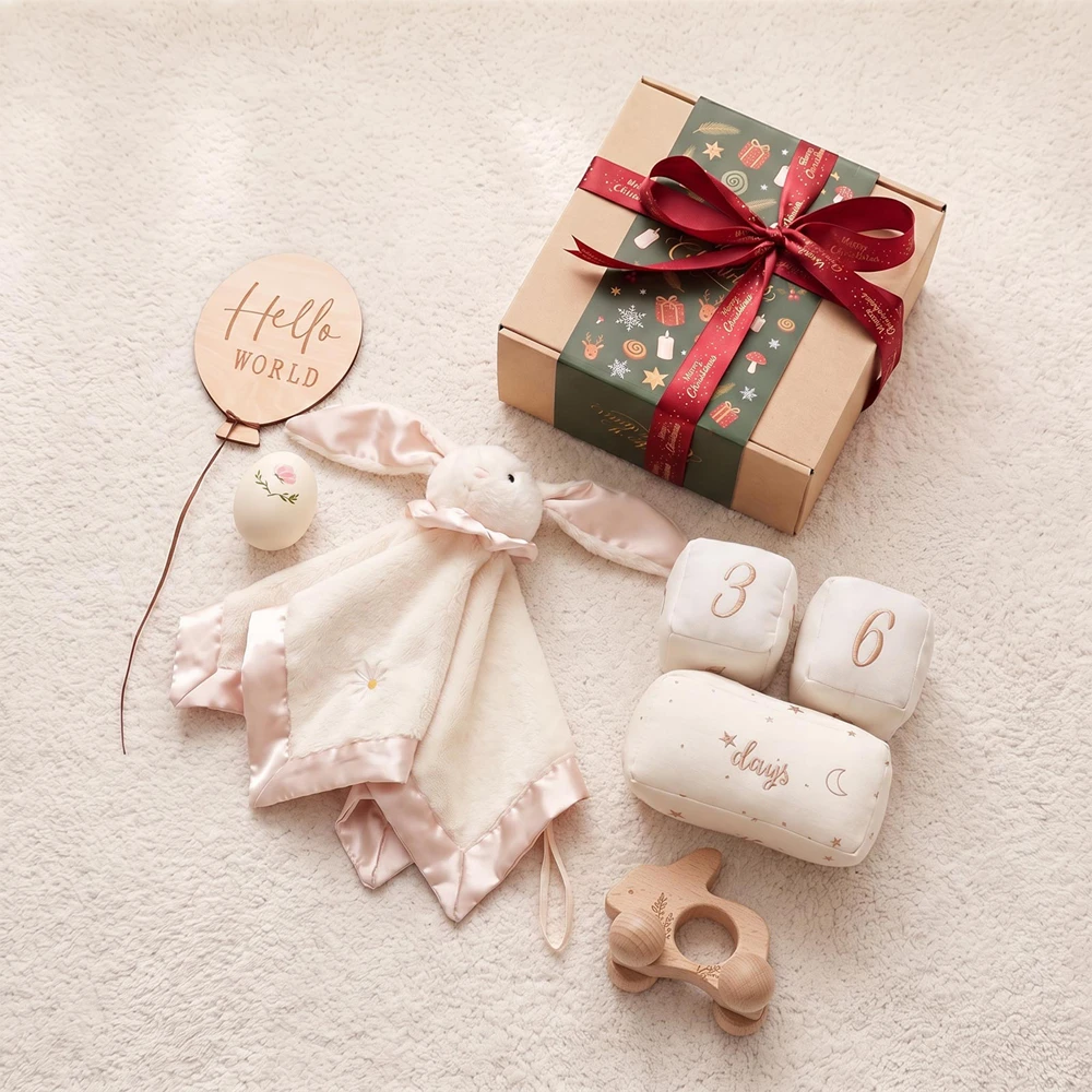 Christmas Newborn Keepsake Gift Box Plush Bunny Lovey Milestone Blocks and Egg Rattle Baby Shower Set for Festive New Arrival