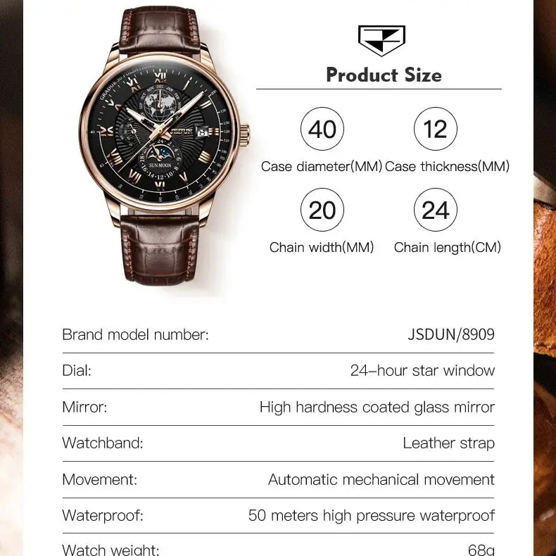 JSDUN 8909 Automatic Watch for Men Business Leather Watch Moon phase Multifunctional Waterproof Stainless steel Men\'s Watches