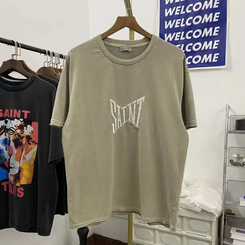 New SAINT T Shirt Heavyweight Khaki Color Grey Men Woman Loose Embroidery Wear Through Letter Top Tees