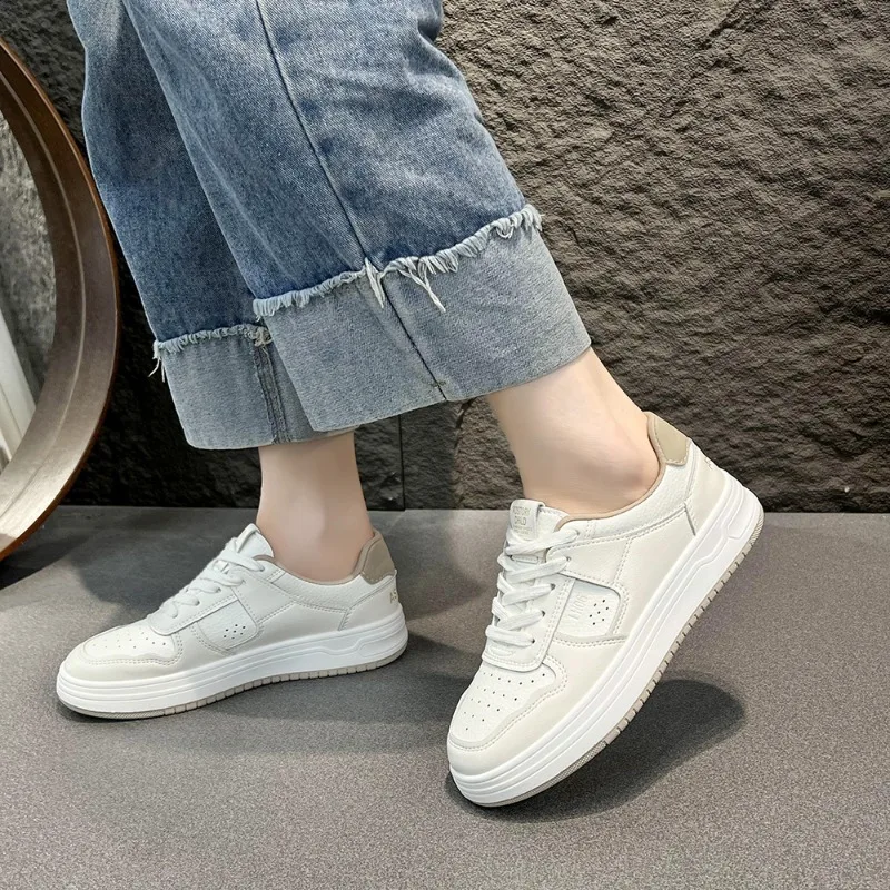 Women's Single Shoes Summer New Flat Round Head Shallow Lace-up Sports Shoes Casual Comfort Increase Non-slip Small White Shoes