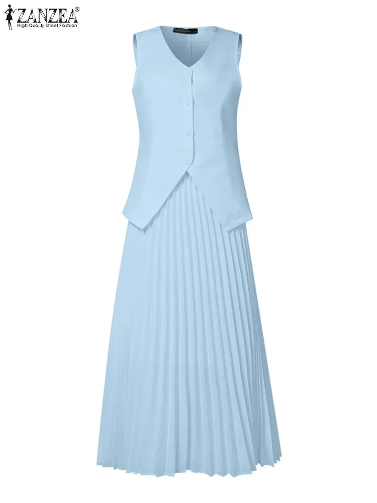 ZANZEA ฤดูร้อน 2 ชิ้นชุดชุด 2025 แฟชั่นผู้หญิงสบายๆหลวมชุดเสื้อกั๊กวันหยุดยาวจีบกระโปรงชุดการจับคู่ชุด