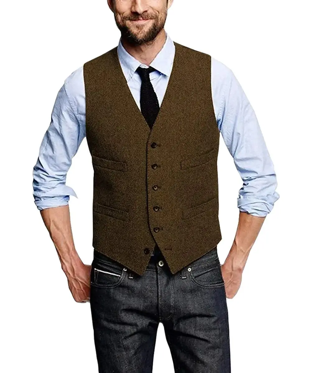 

Brown Groom Vests For Wedding Tweed Herringbone Mens Suit Vests Slim Fit Men's Dress Vest Custom