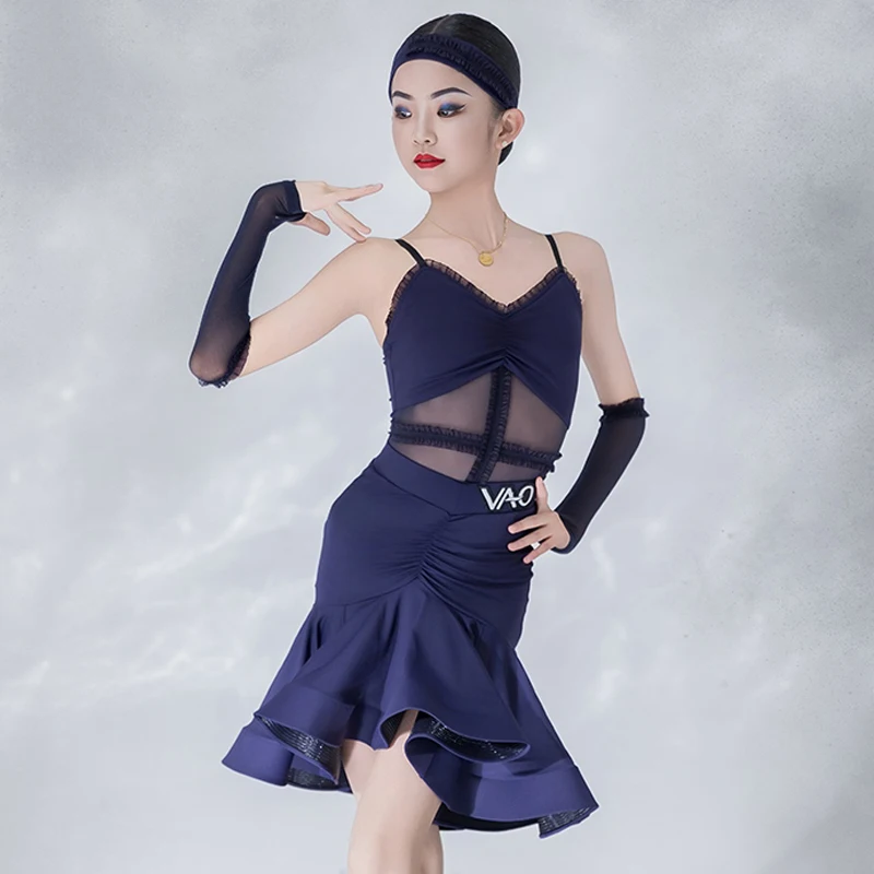 

Children Latin Dance Dress Competition Outfit Navy Blue Suspender Tops Skirt Girls Ballroom Dance Clothes Practice Dress BL8048