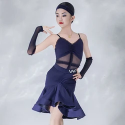 Children Latin Dance Dress Competition Outfit Navy Blue Suspender Tops Skirt Girls Ballroom Dance Clothes Practice Dress BL8048