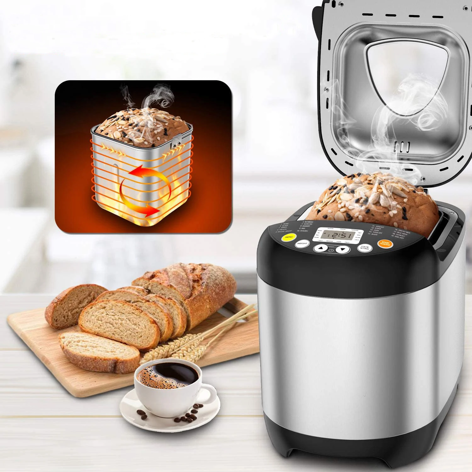 1.5LB Home Stainless Steel Programmable Bread Makers With Gluten-Free Setting and Digital Touch Panel