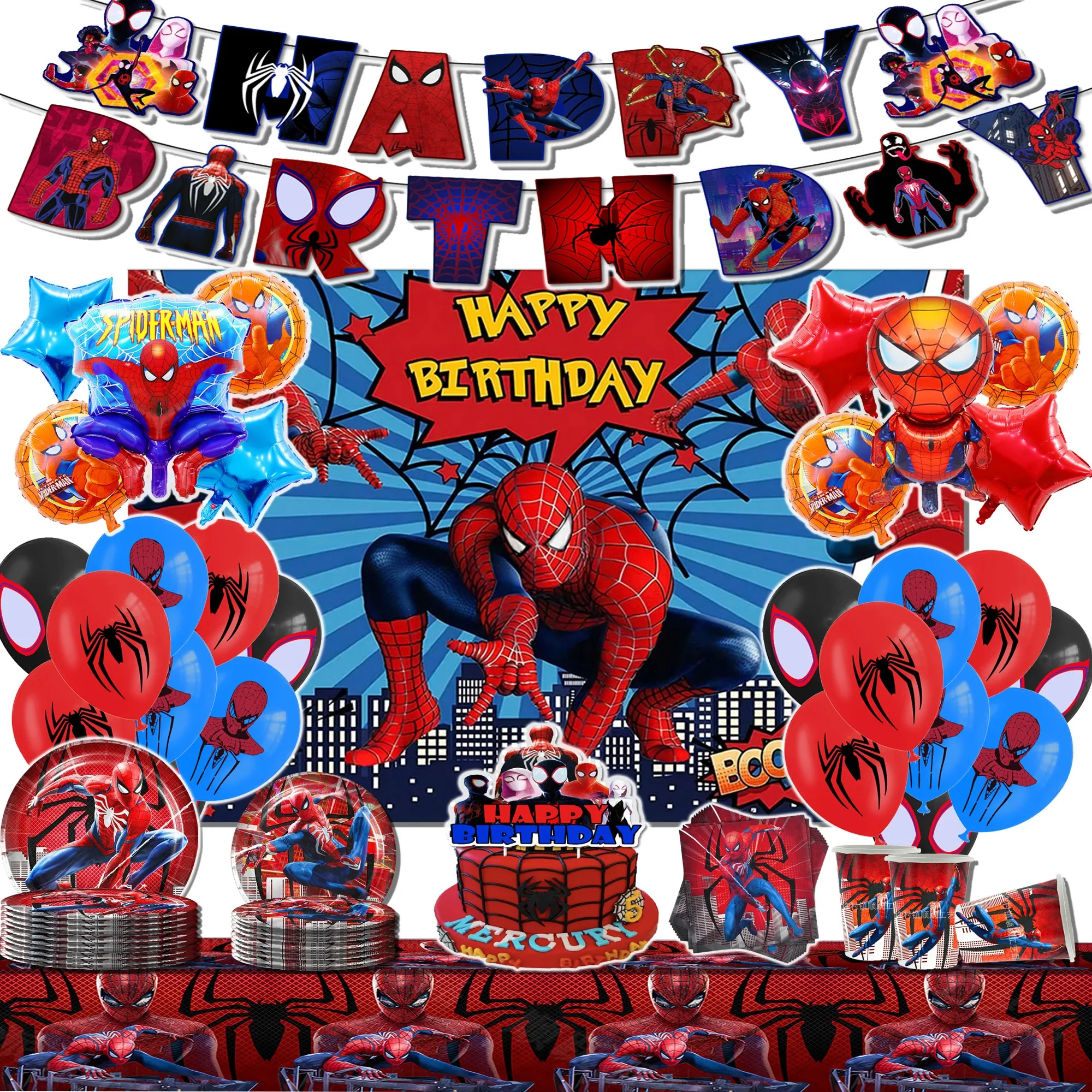 Conjunto de fiesta de cumpleaños de Spider Man, vajilla, pancarta, pastel, adorno desechable, bandera colgante, globos de Spider Gwen, decoración de cumpleaños