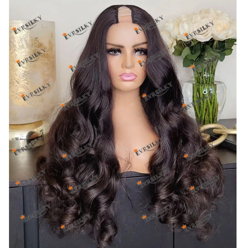 Cheap Indian Opening 1x4 U Part Human Hair Wigs with 6 Clips Dark Brown #2 Wavy Machine Made Remy U Part Wigs Easy to Install