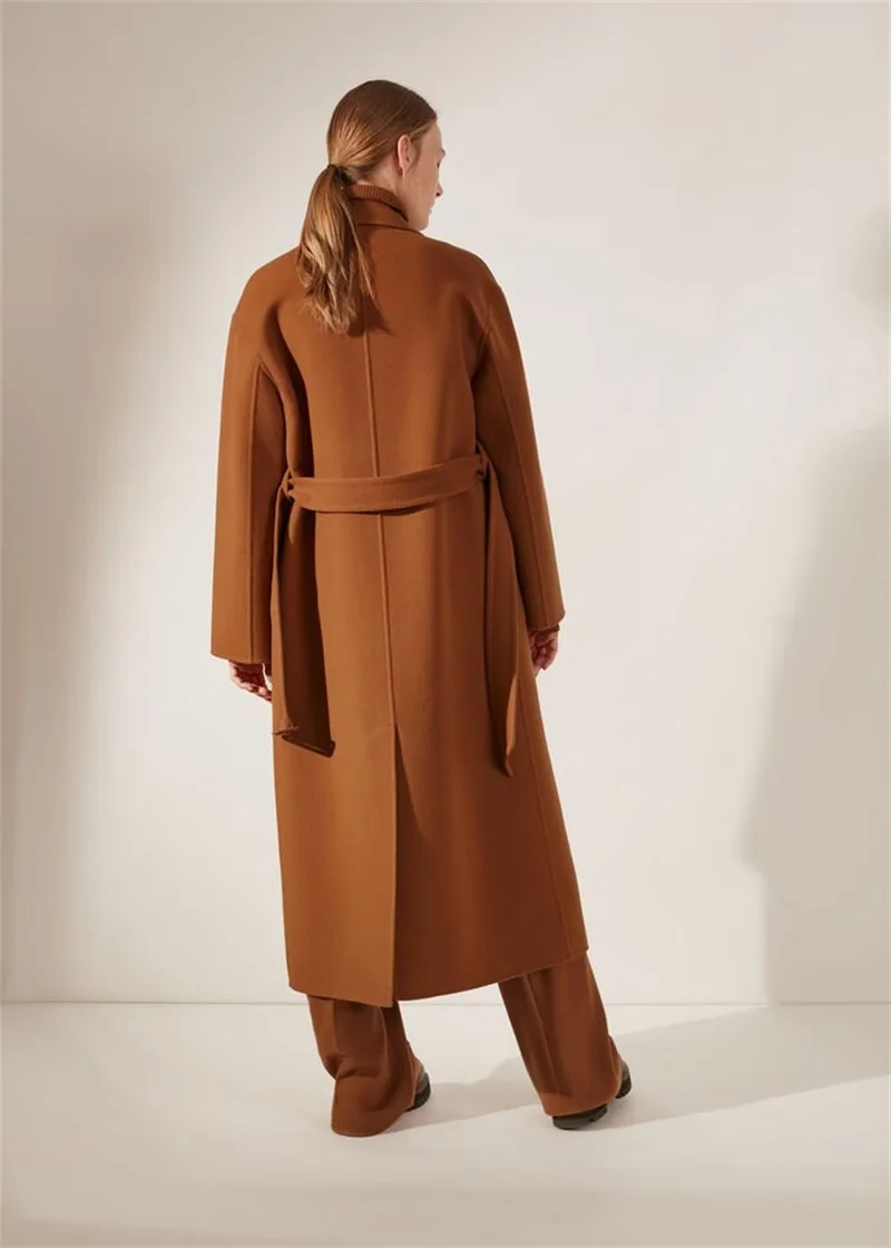 Costume Long en cachemire pour femmes, manteau Blazer avec ceinture, Trench-Coat en laine, veste large, cravate à la taille, tenue sur mesure