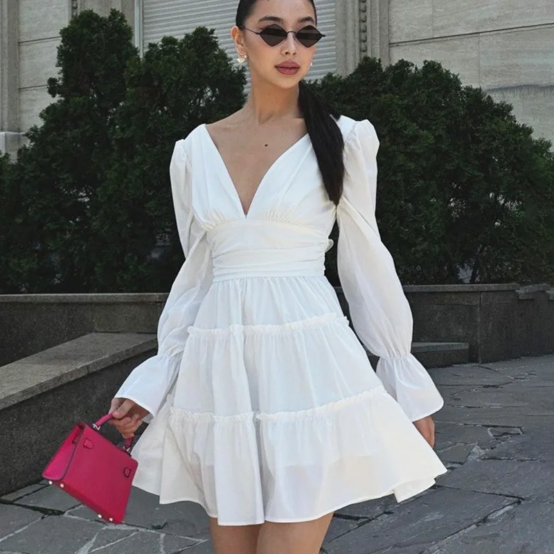 

Ticketsx Sexy V Neck Lace Up Long Sleeve Slim Dress Women Ruffled High Waist A-Line Dress Autumn Party Clubwear Backless Dress