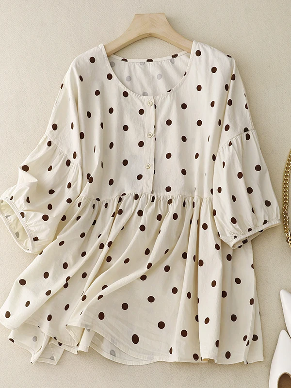 

Summer Casual Loose round Ne Doll irt Women's Faion Lantern Sve Polka Dot Top Sweet Anti-aging Korean Version