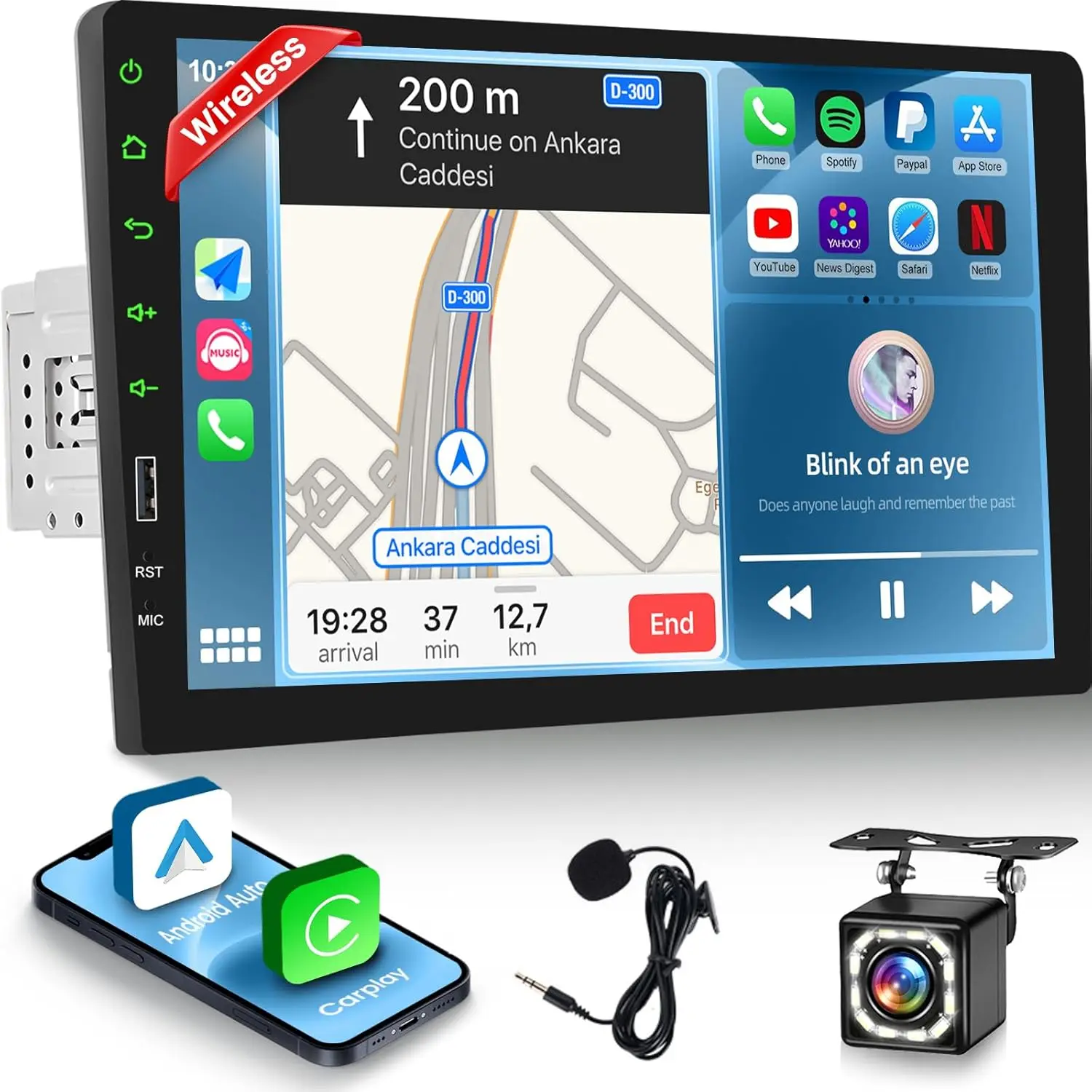 Autoradio da 9 pollici con CarPlay wireless e Android Auto, Bluetooth, MirrorLink, fotocamera di backup e microfono