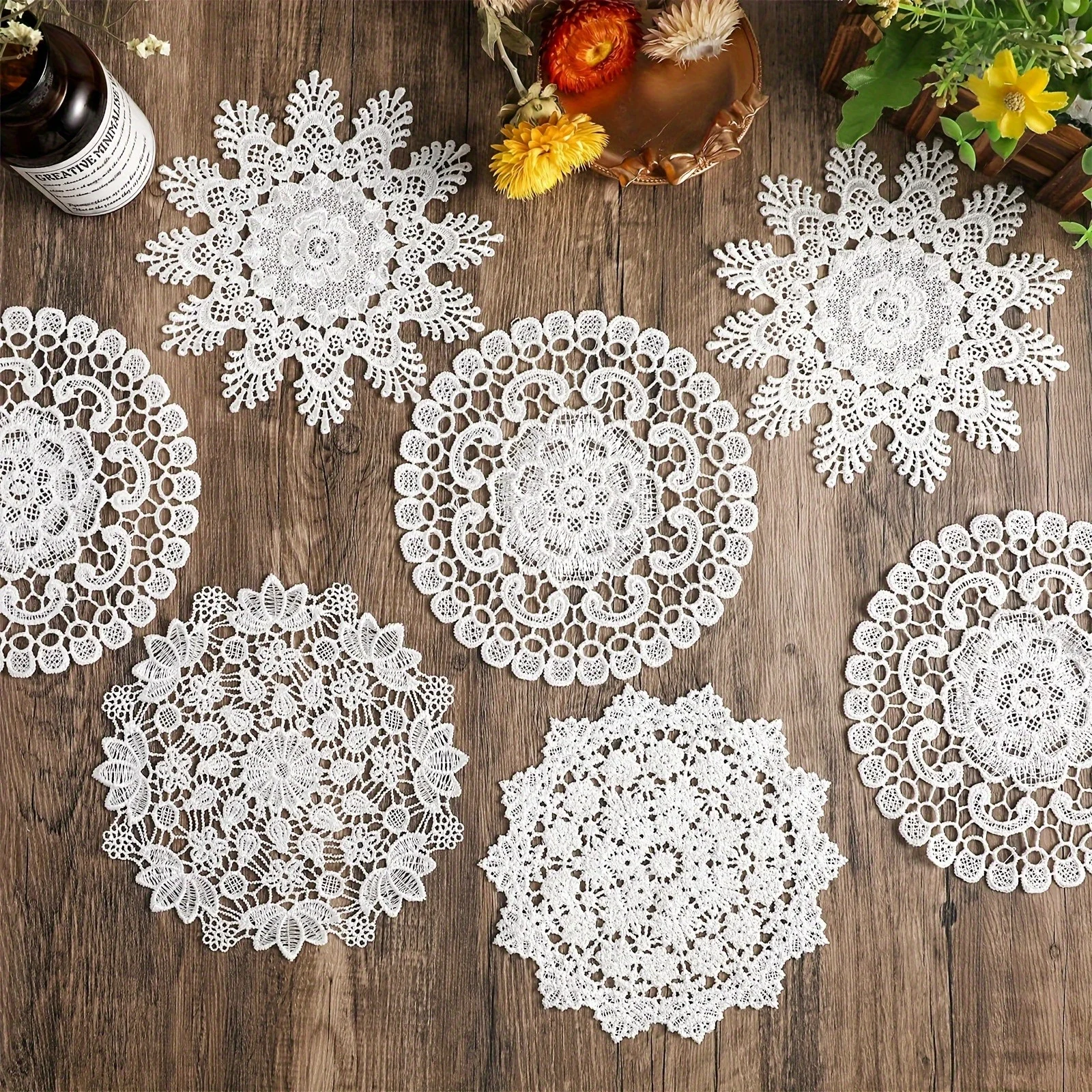 Retro Hollow Floral Lace Doily Cup Coaster Soft Cotton Crochet Round Table Mat Wedding Bridal Shower Table Centerpiece Decor