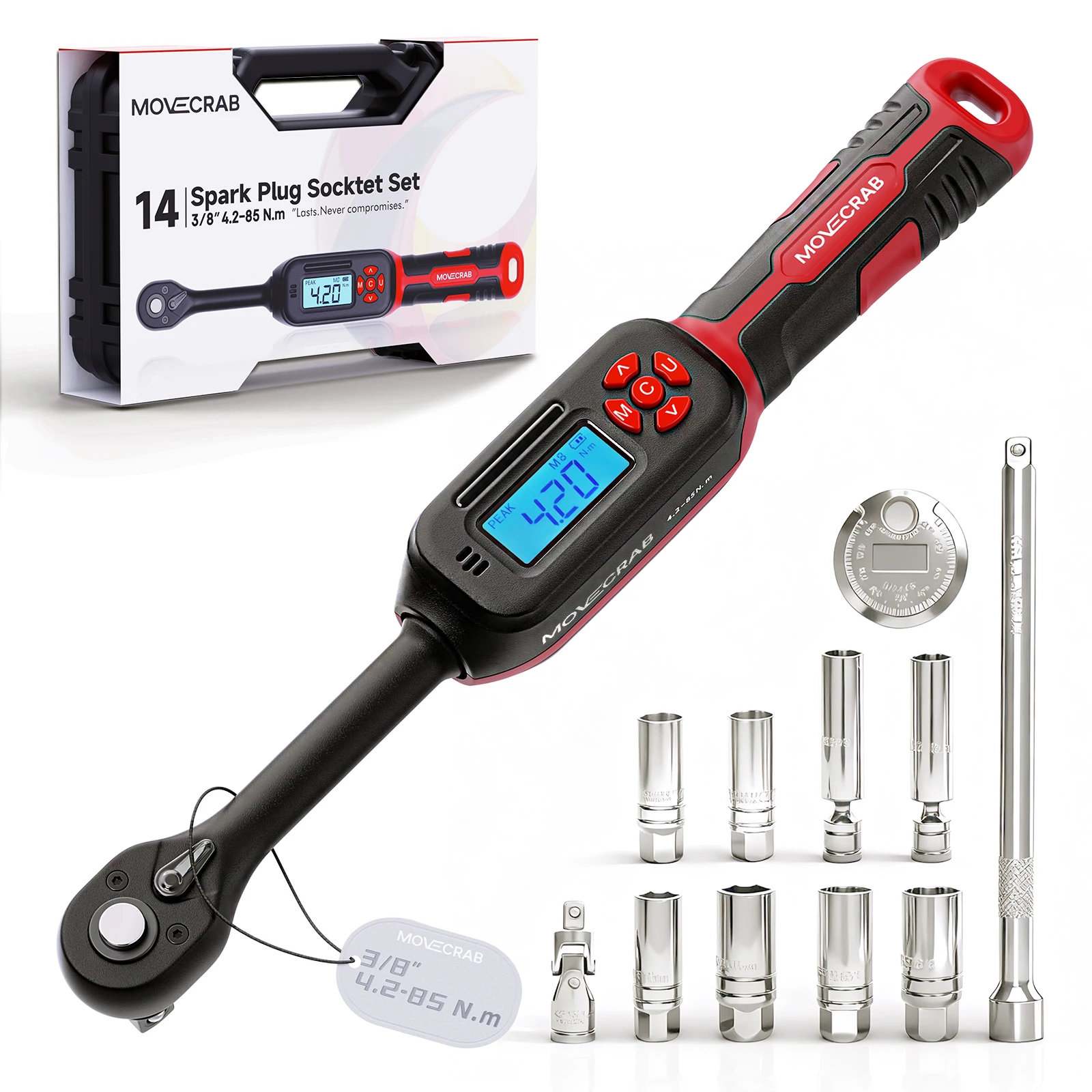 

MoveCrab 3/8"Digital Torque Wrench4.2-85Nm/3-62.6Ft-lb with Magnetic Spark Plug Socket U-Joint Extension Bar for Car Motorcycle