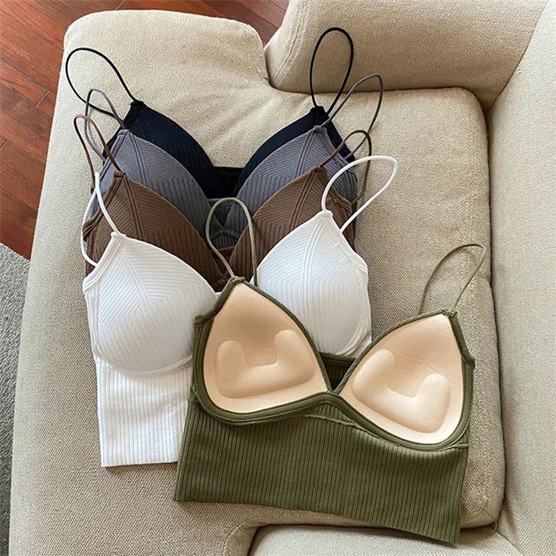 Sexy Thin Tank Top Women Seamless Underwear Camisole Straps Striped Bralette Lingerie One-Piece Tube Basic Underwear Padded Bra