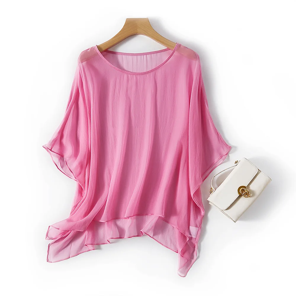 

100%Real Silk Tshirt,Women Real Georgie Silk ONecks Half Sleeve,Cape Sunproof Tops Summer Dropshipping