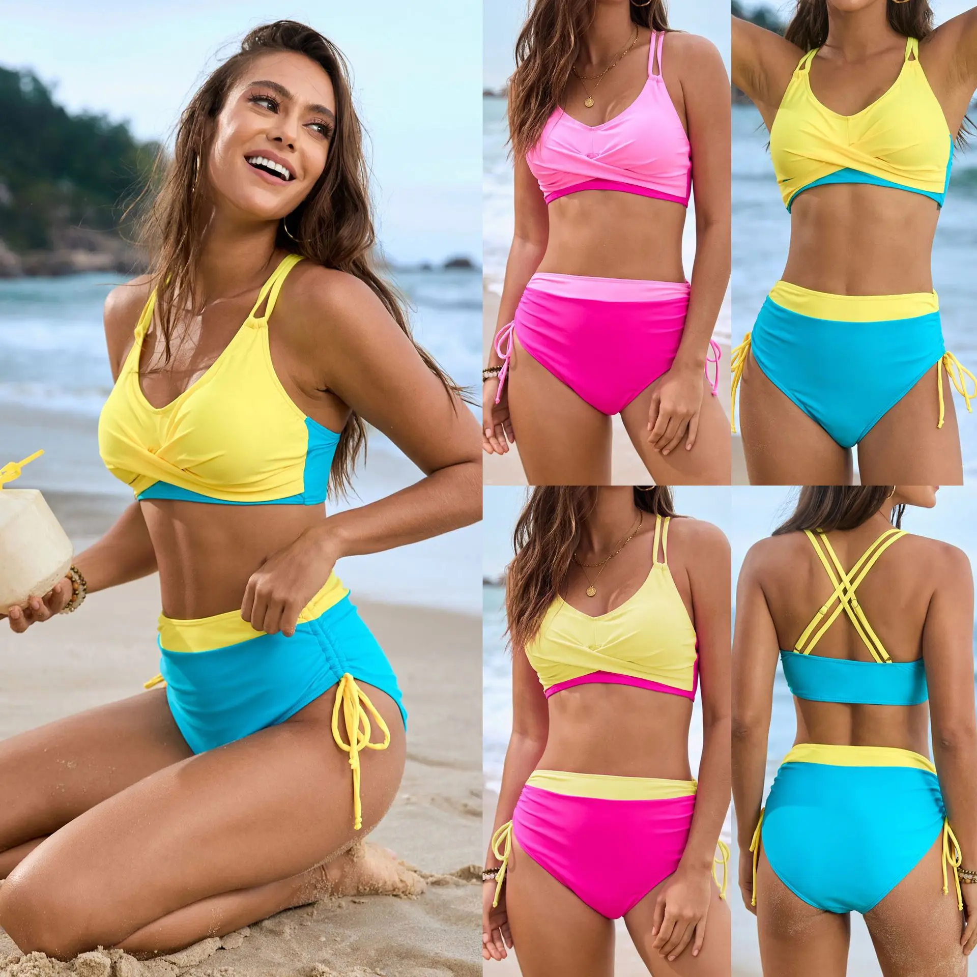 Women's Two Piece Bikini Sets Backless Cross Lace Up Swimwear High Waisted Drawstring Sexy Spliced Split Bathing Suits