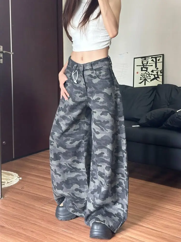 أنيقة أنيقة الأمريكية البضائع كامو مستقيم الساق السراويل النساء خمر عالية الخصر واسعة الجينز فضفاضة تناسب التخسيس الطابق طول الدنيم #3