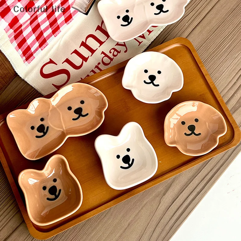 

Очаровательная керамическая тарелка для соуса с милым дизайном собаки и медведя — миска с одним/двух отделением для приправ, закусок, суши, сои