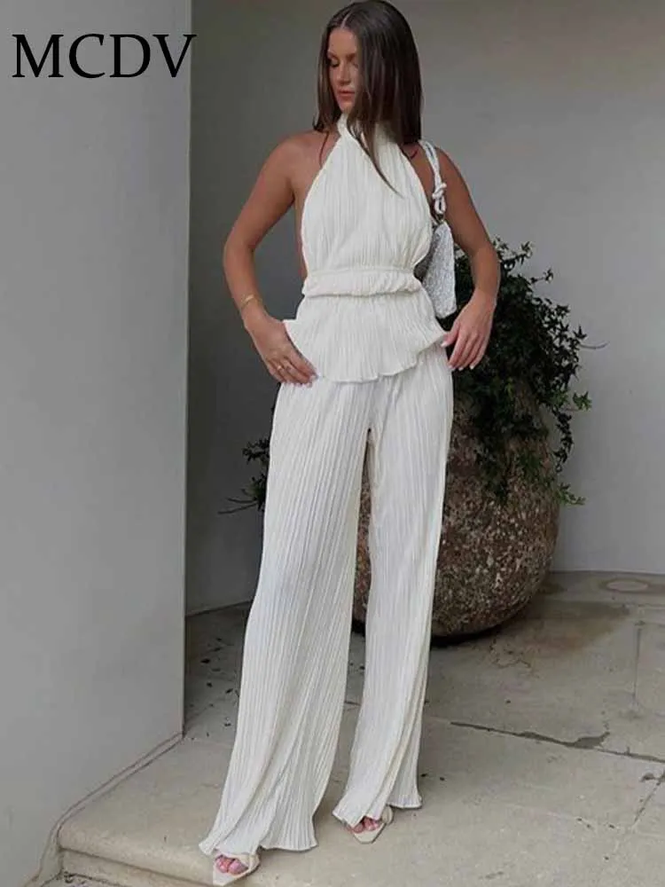 

MCDV Шикарный плиссированный комплект из двух предметов, женский сексуальный топ без рукавов с открытой спиной и широкие брюки, летние элегантные наряды 2025 года