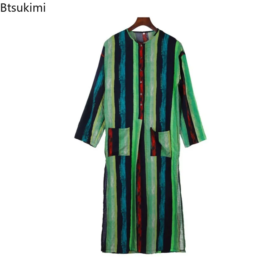 2024 Männer muslimische Kleidung Abayas Baumwolle Linie Nachthemden Bademantel Robe Kaftan Urlaub Strand Robe Mann muslimischen Kaftan arabischen Kleid