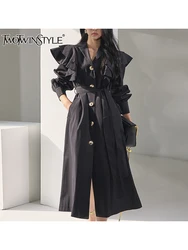 TWOTWINSTYLE Solid Patchwork Ruffles Casual Dresses For Women Lapel Long Sleeve Spliced Button Midi Slimming Dress Female New