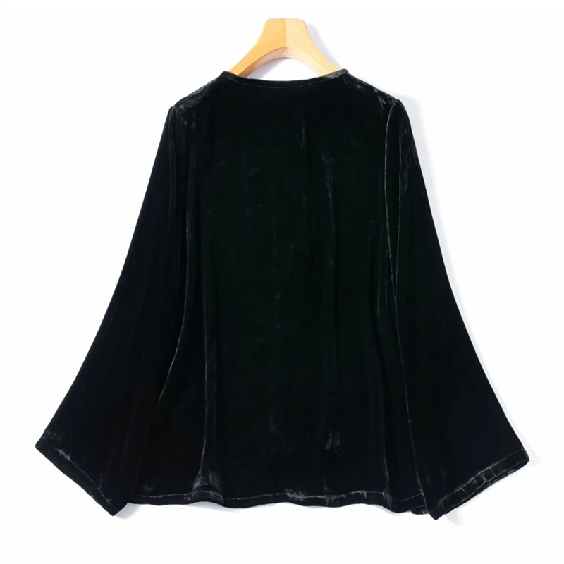 المرأة الحرير المخملية معطف 100% التوت الحرير بطانة أسود اللون طويلة الأكمام سترة سترة بلوزة قميص الخريف الدافئة M1484 #2