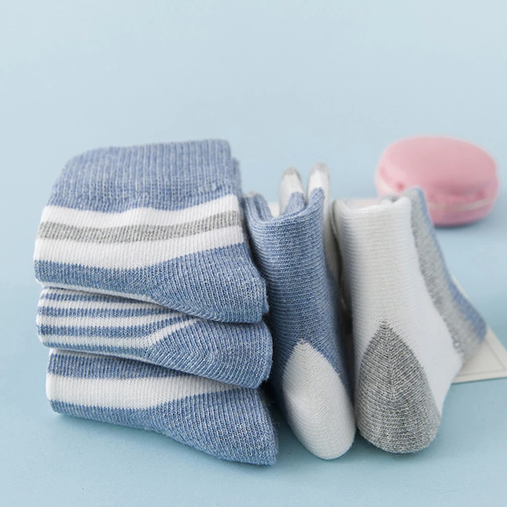 

5pcs Cotton Striped Anti-Slip Tube Socks Toddler Sproof Socks Non-S Sole Bright Design Home Use 0-1Y Blue