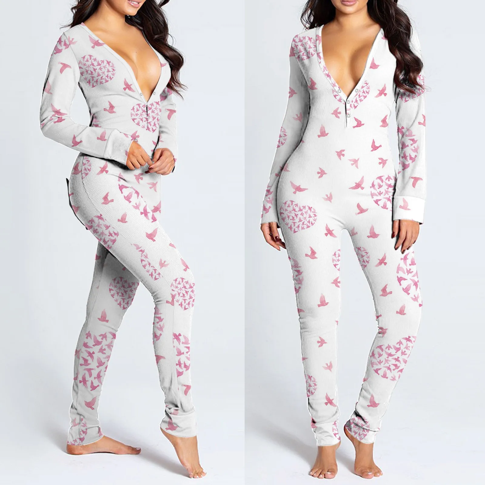 Adults Pajamas Sexy Women\'s Onesie Functional Buttoned Butt Flap Romper Sleepwear Teen Girls Crotchless Jumpsuit Nightgown