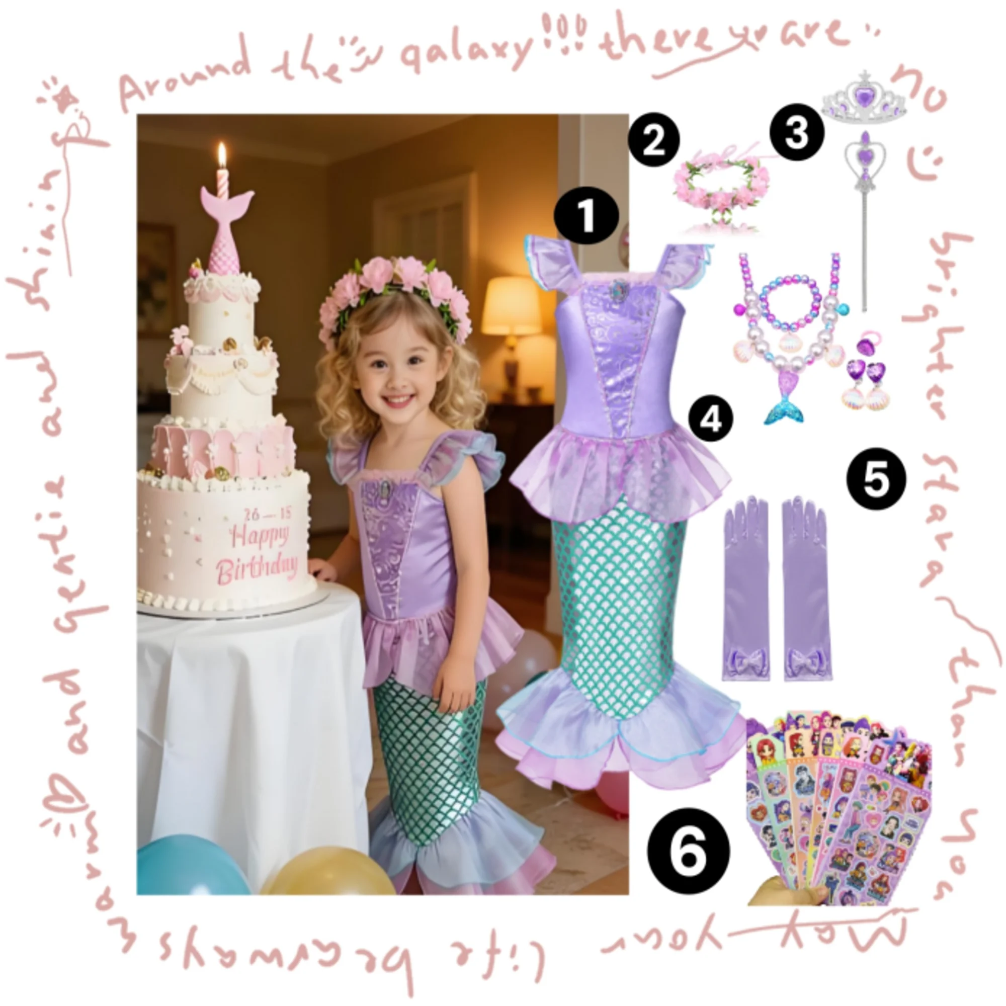 

Girls Shiny Little Mermaid Ariel Costume Princess Dress Full Accessories Set for 3-10Y Kids Birthday Halloween Fancy Outfit