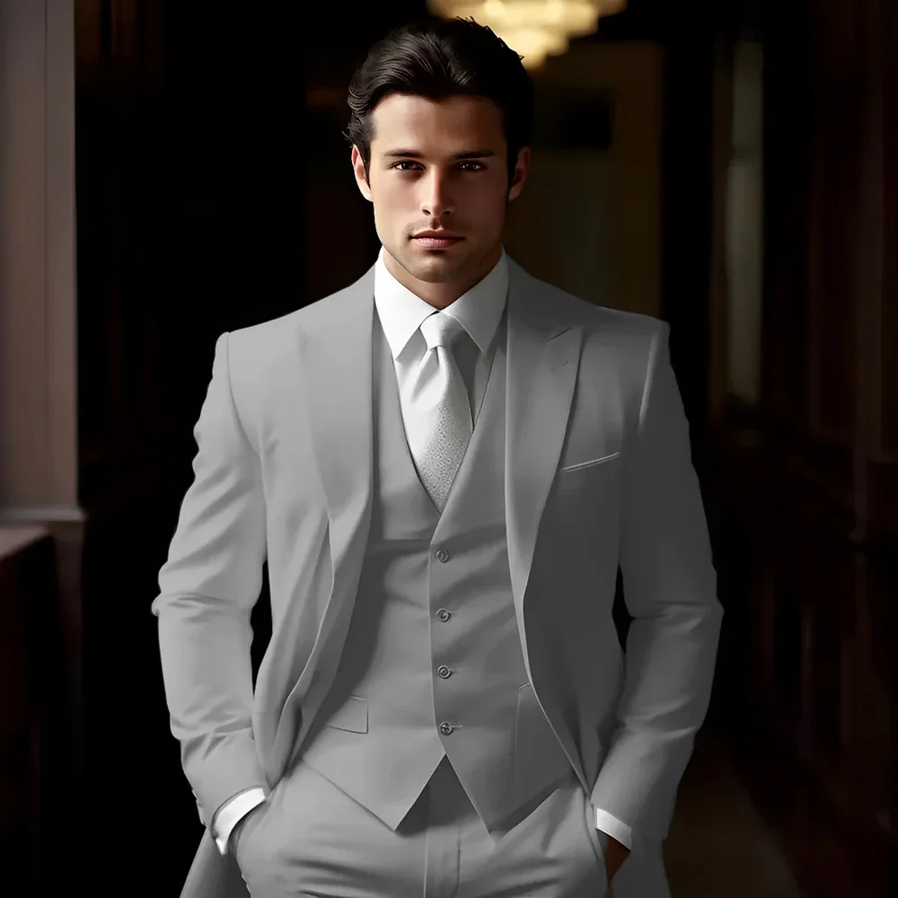 Setelan Jas Pria Biru 3 Potong Model Formal Kerah Lancip Slim Fit untuk Pengantin Pria/Tuksedo Pengiring Pria Terbaik untuk Pernikahan/Bisnis (Jas+Rompi+Celana)