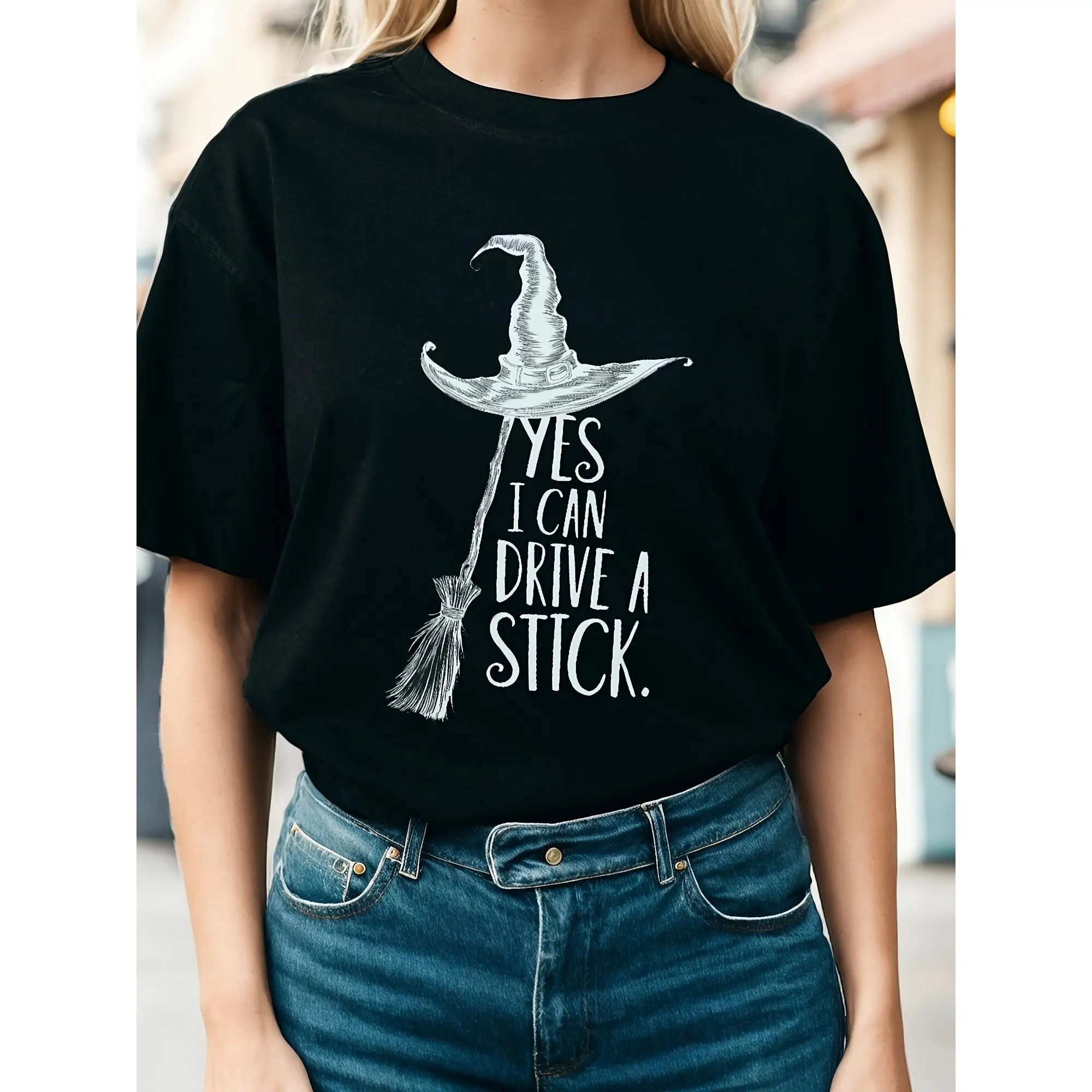 

Yes I Can Drive A Stick T-shirt Funny Halloween Witch Tee for Women Men Spooky Season Gift