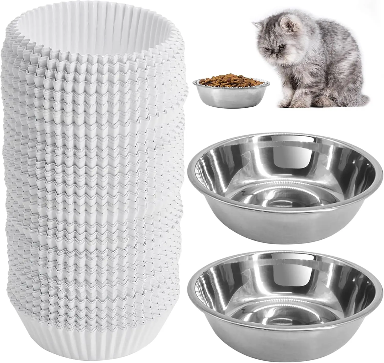 

Disposable Cat Food Bowls Set 300PCS Small Paper Bowls with 2 Stainless Steel Bowls for Wet Food Cats Dogs Feeding Station