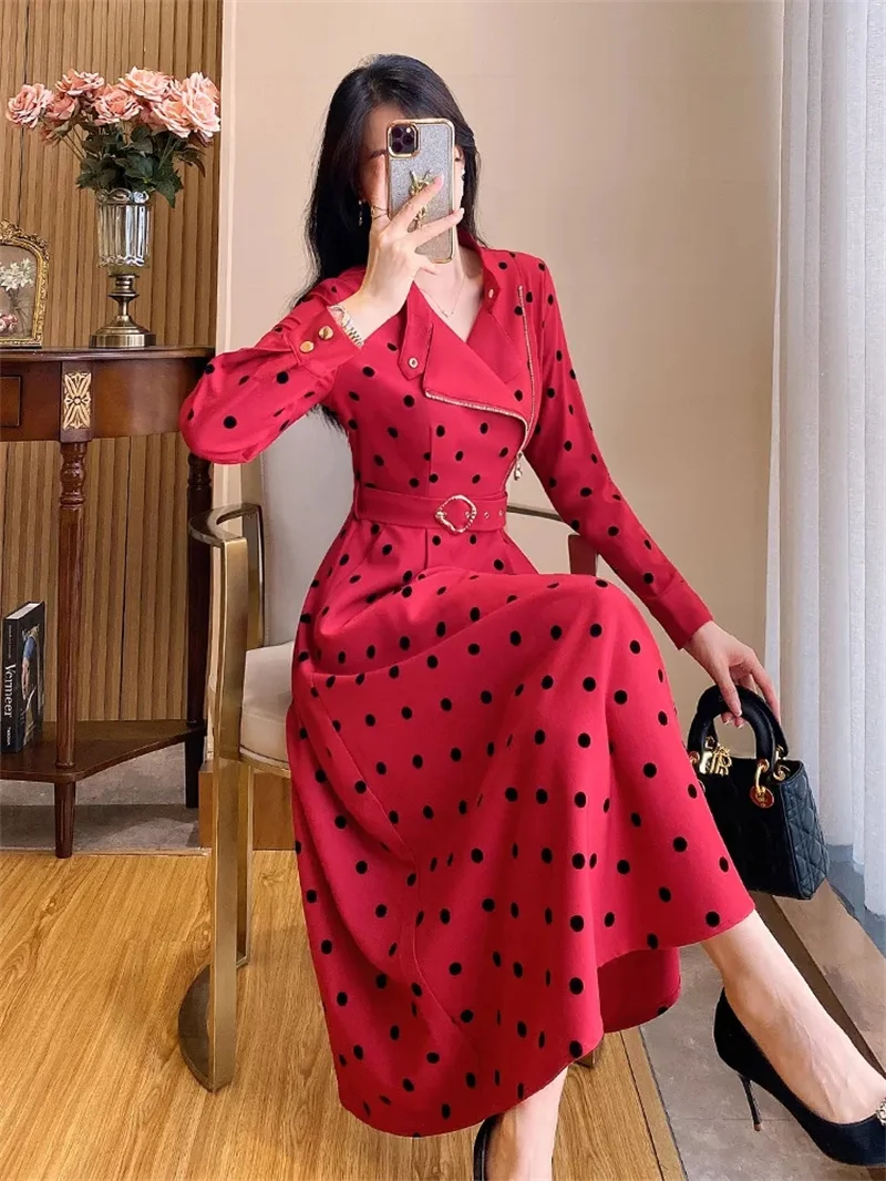 Polka Dot Red Dress For Autumn Women 2024 New Style, Unique Temperament, High-end Feeling, This Year\'s Popular Beautiful Dress