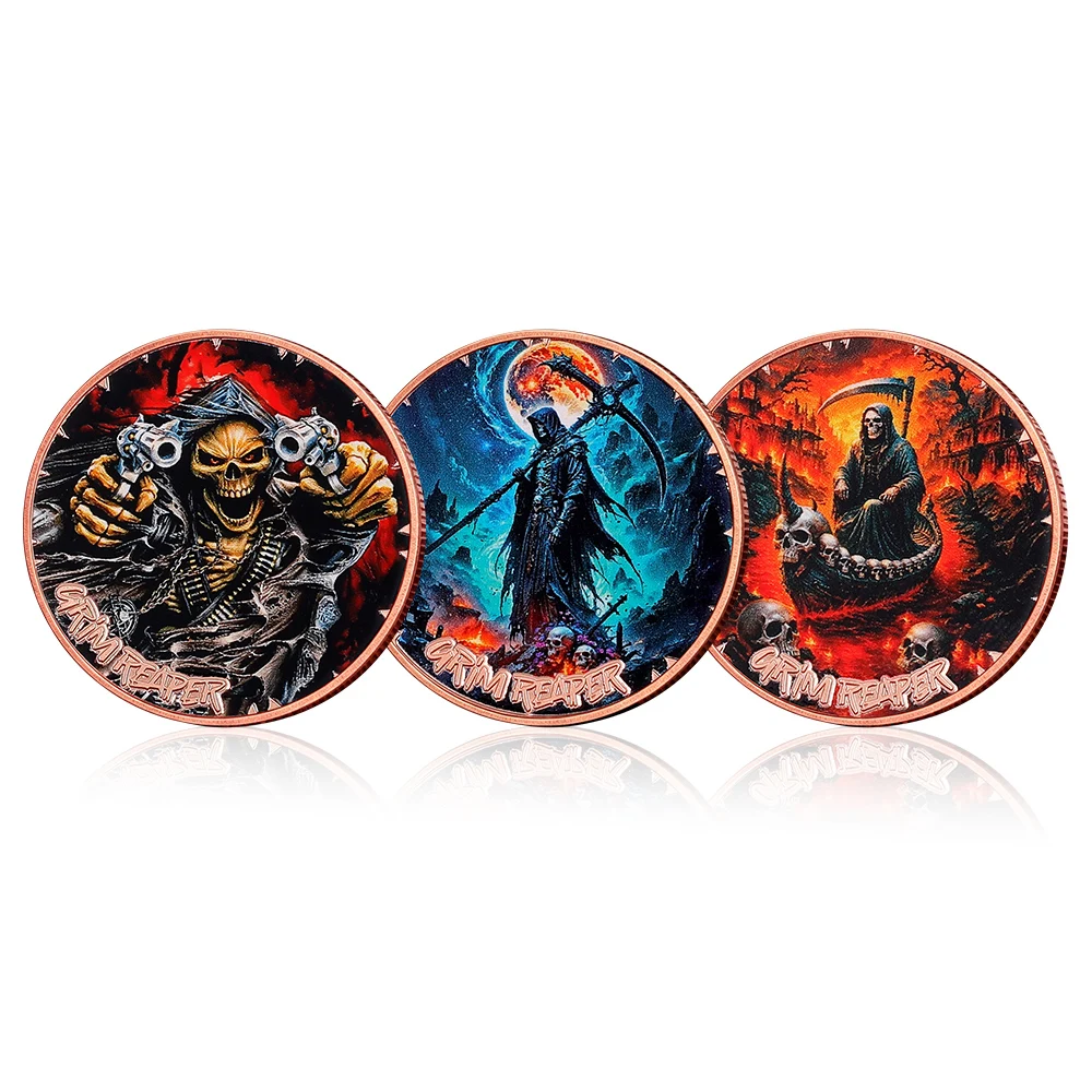 3 Stile Sensenmann Totenkopf mit Schrotflinte und Sensenmesser 1oz Reines Kupfer Gedenkmünze 1 oz .999 Feinkupfer-Münze Souvenir-Geschenke