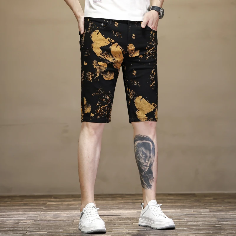 

Summer Thin Black Denim Shorts Printed Personality Fashion Brand Five-Point Casual Pants Korean Stretch Beach Pants