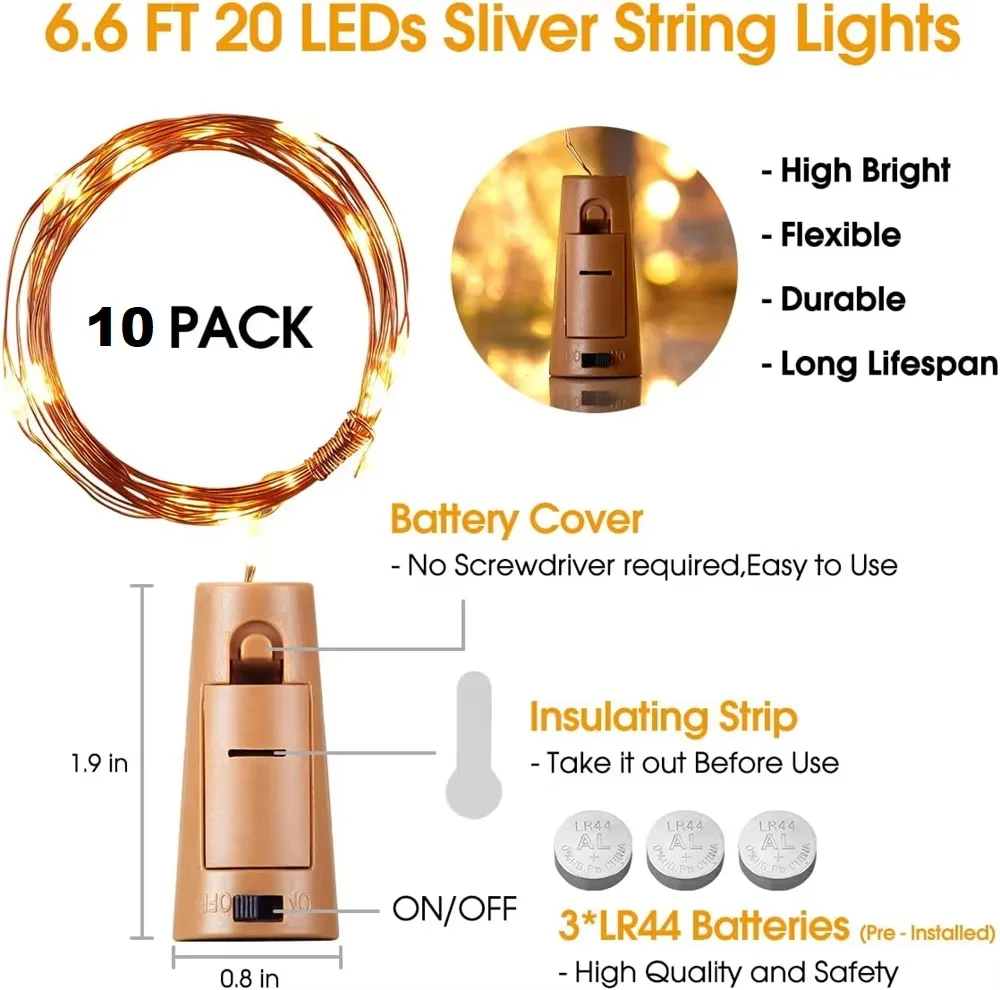 10 حزمة 20 LED أضواء الجنية الصغيرة أضواء زجاجة النبيذ مع أضواء عيد الميلاد الفلين لزجاجات الخمور حفل زفاف بار