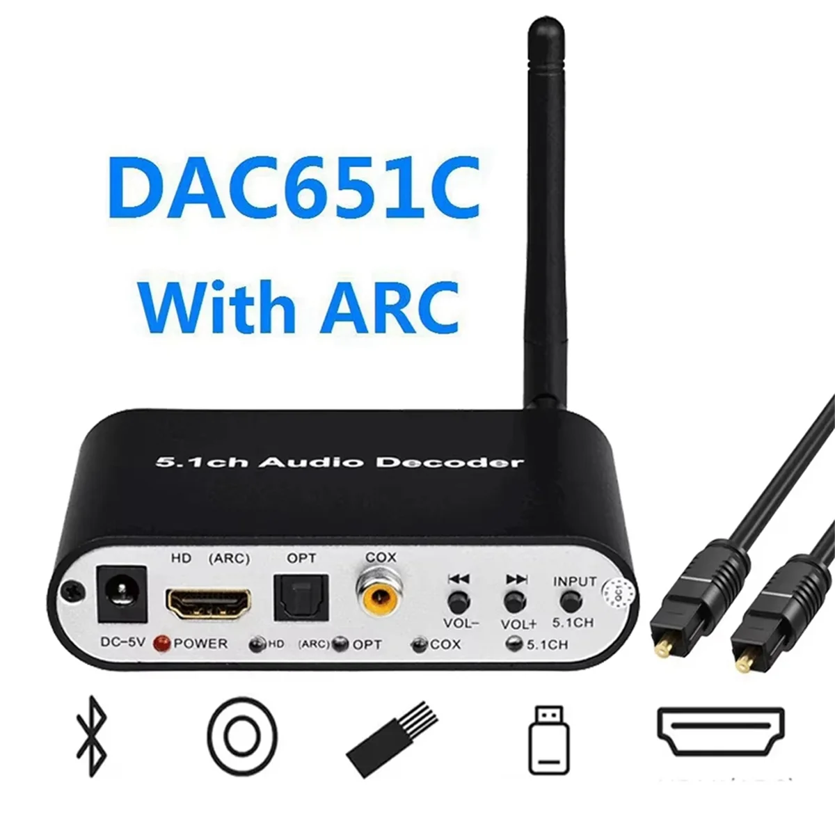 AU47-DAC651C 5.1 decodificador de áudio bluetooth 5.0 receptor dac dts ac3 flac ape hd para hdmi compatível extrator conversor plugue da ue